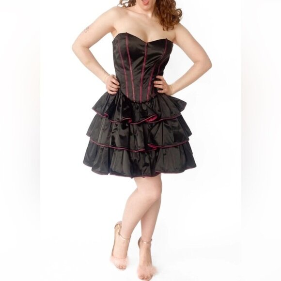 NWT Betsey Johnson Black Label Black Pink Zipper Corset Mini Dress Tiered Sz 2 - Picture 2 of 15